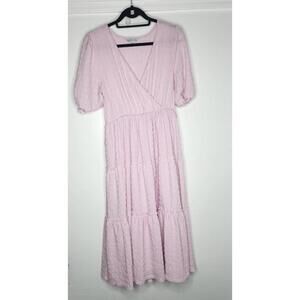 Ophelia Roe Dress Womens Medium Pink Textured Tiered Midi V Neck Puff Sleeve